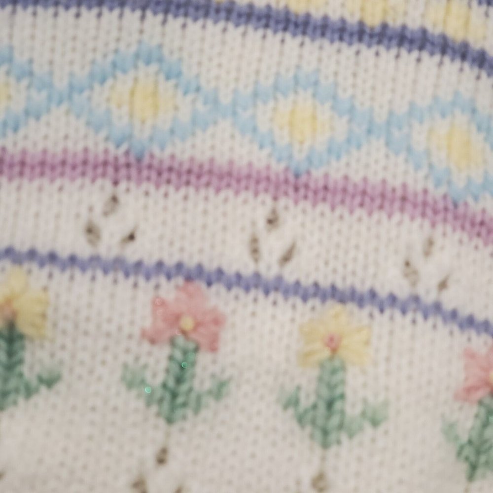 VTG Sweater Sz S White Floral Pastel Fairy Kei Coquette V-neck Soft Girl 80s - Picture 4 of 6